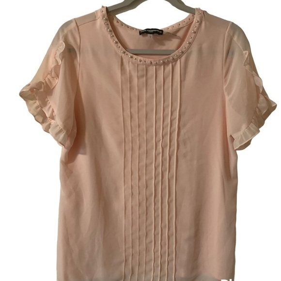 Karl Lagerfeld Paris Peach Pearl Pleated Ruffle Short Sleeve Top - Picture 1 of 7